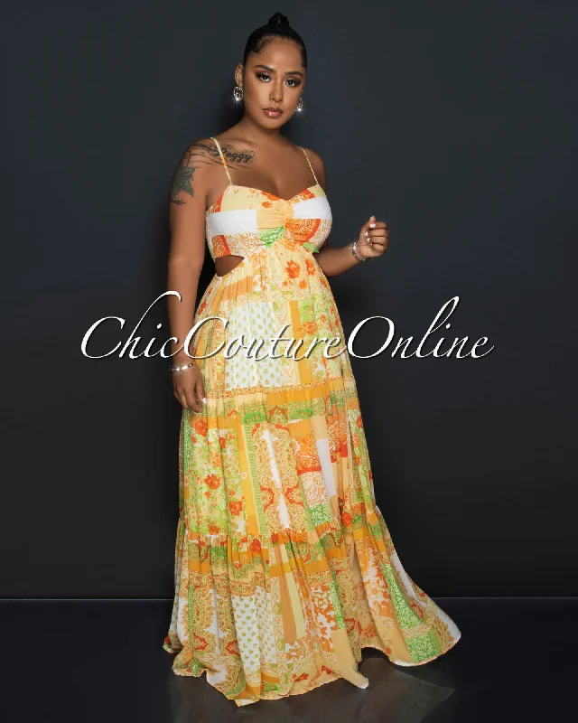 Beaver Yellow Multi-Color Print Waist Cut-Out Maxi Dress Fashionable High-Waist Maxi Dress