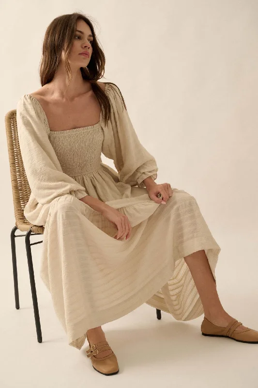 Better Days Smocked Tonal-Stripe Peasant Maxi Dress Comfortable Fitted Maxi Dress