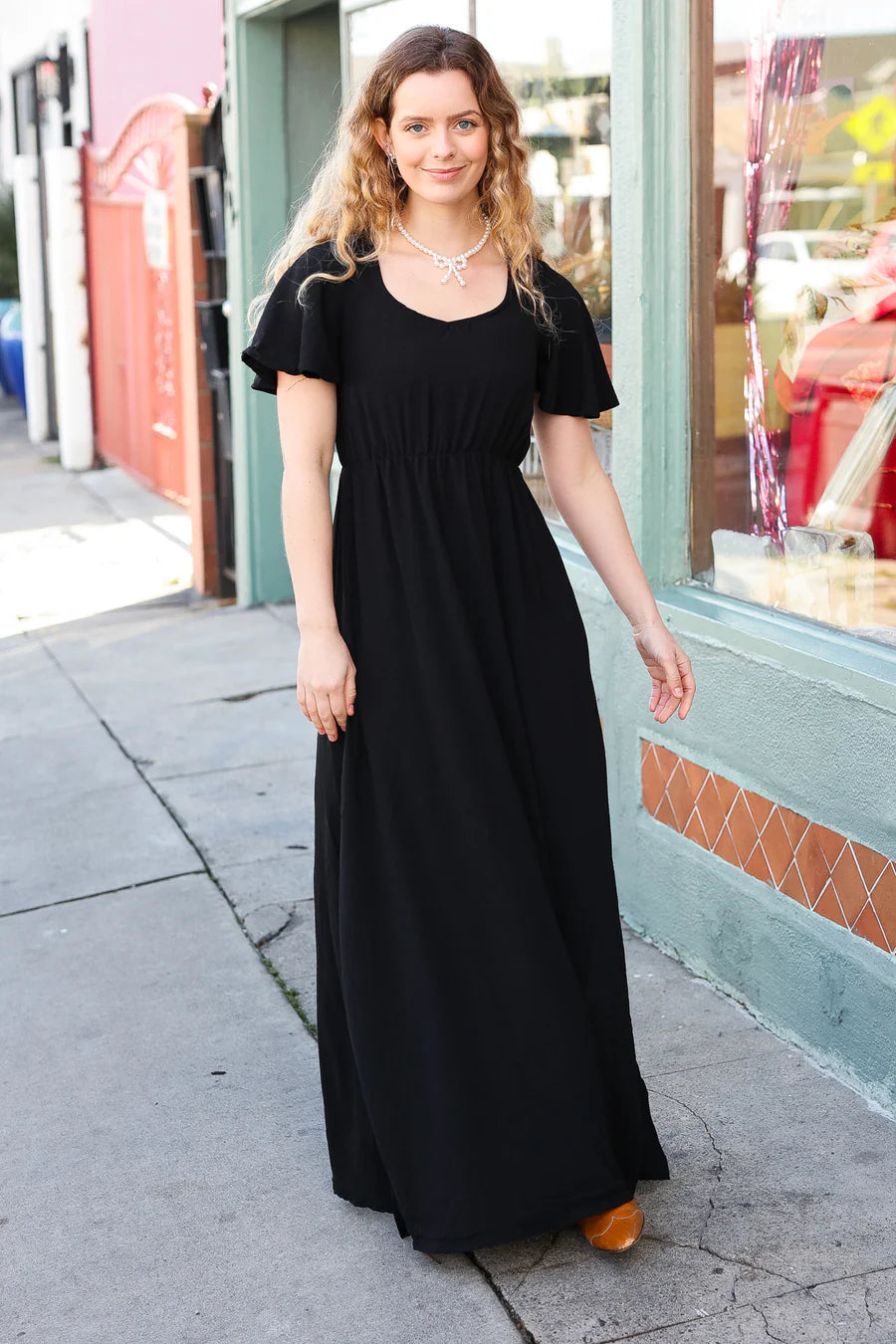 BLACK SOLID RUFFLE MAXI DRESS Cozy Ruffle Sleeve Maxi Dress