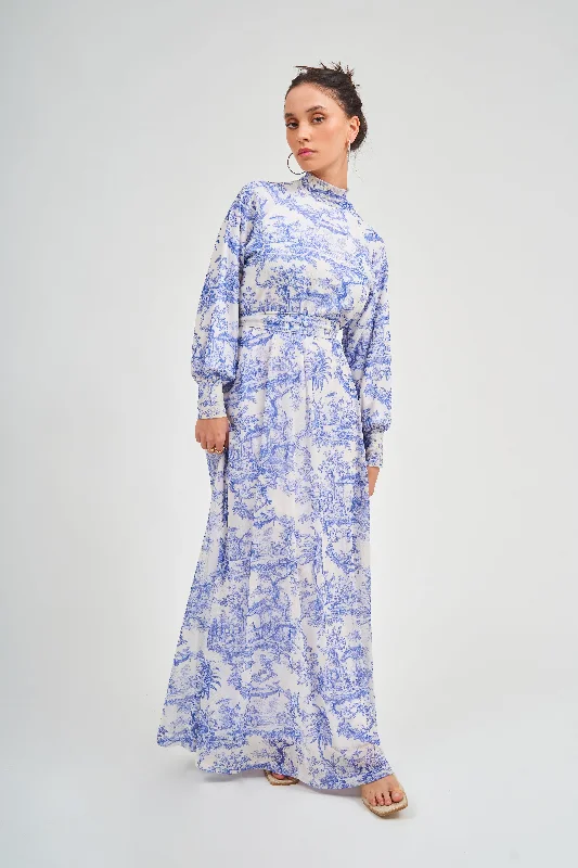 Blue Toile Maxi Dress Fashionable Chiffon Maxi Dress