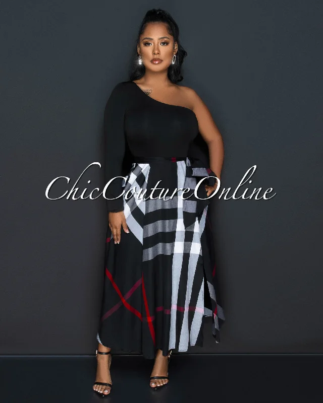 Breea Black Grey Plaid Print Two-Tone Single Shoulder Maxi Dress Cozy Cold-Shoulder Maxi Dress