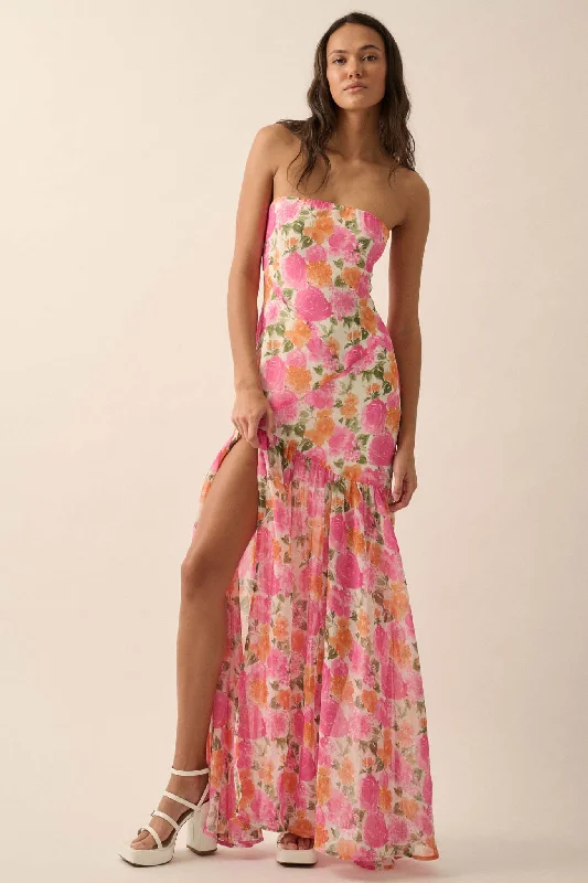 Bright Buds Strapless Floral Drop-Waist Maxi Dress Comfortable Maxi Dress with Sleeves