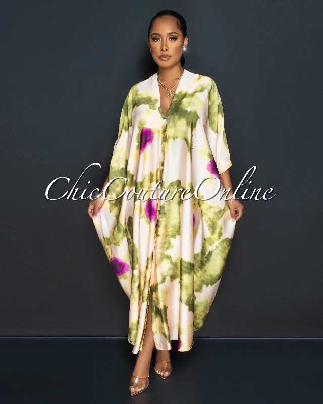 Bryant Nude Green Silky Tunic Maxi Dress Elegant Maxi Dress with Ruffles