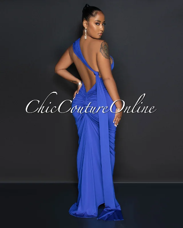 Carlina Royal Blue Open Back "O" Ring Trail Maxi Dress Stylish Pleated A-Line Maxi Dress