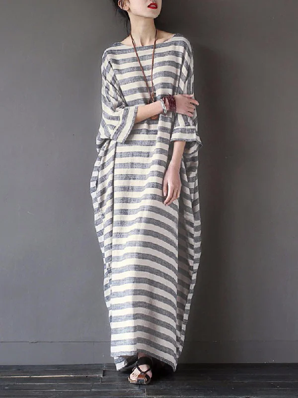 Casual 3/4 Sleeve Striped O-neck Baggy Cotton Women Maxi Dress Trendy Ruffled Maxi Dress