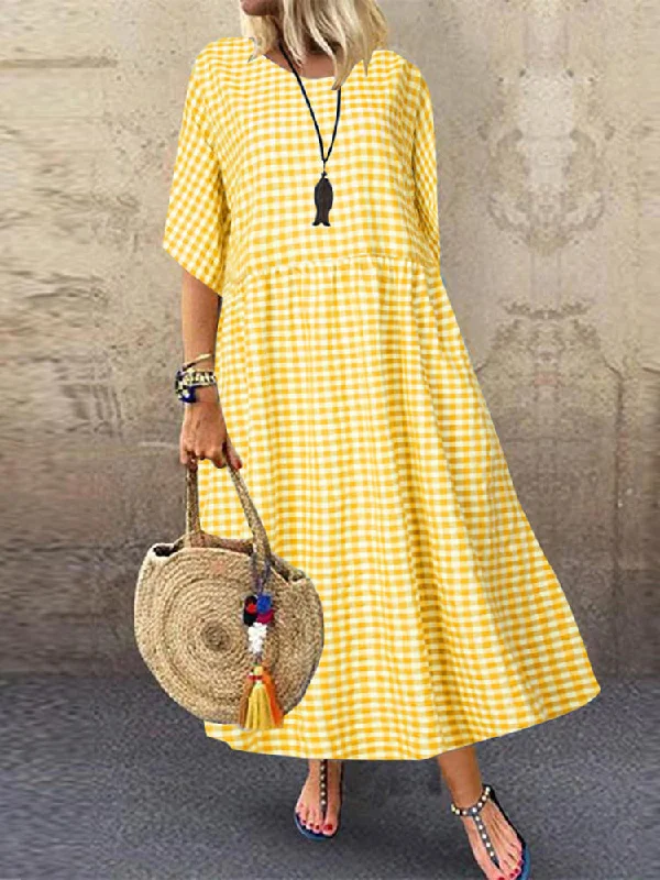 Casual Loose Plaid Print O-neck Half Sleeve Women Maxi Dress Trendy Button Front Maxi Dress