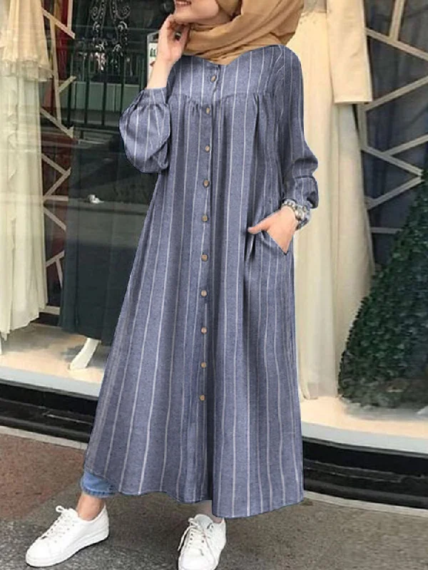 Casual Stripe Print Button Long Sleeve Pocket Shirt Women Maxi Dress Stylish Maxi Dress with Pleats