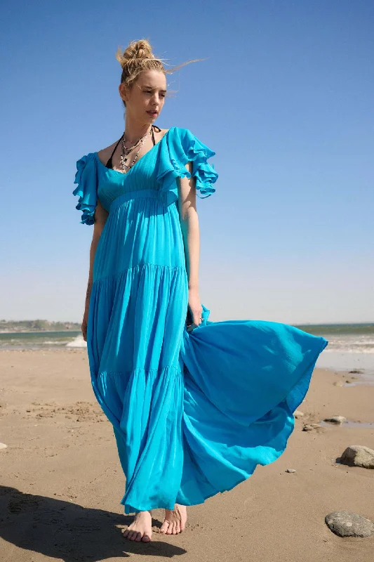 Catch the Wind Ruffle-Sleeve Tiered Maxi Dress Trendy A-Line Maxi Dress