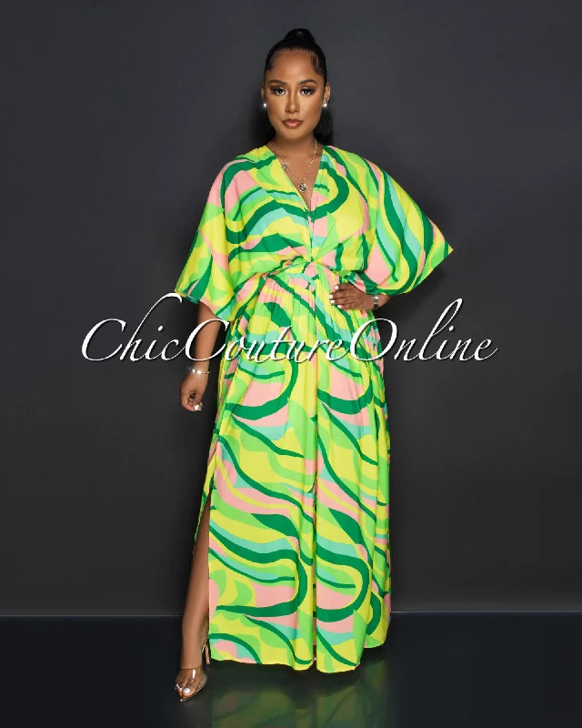 Coira Green Multi-Color Retro Print Double Slit Maxi Dress Stylish One-Shoulder Maxi Dress