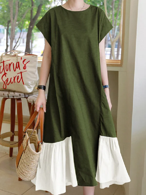 Contrast Color Spliced O-neck Short Sleeve Back Zipper Plain Casual Women Maxi Dress Chic Summer Maxi Dress