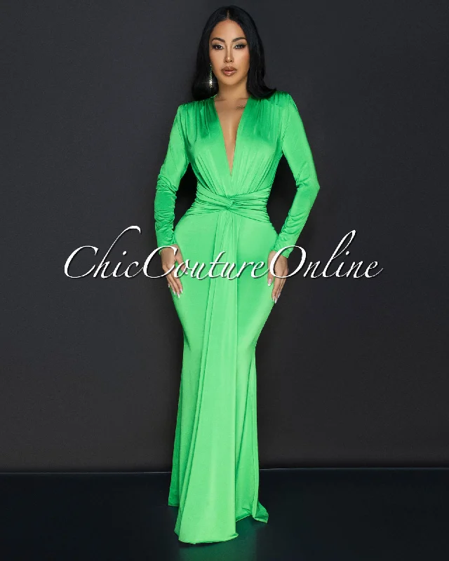 Cordelia Apple Green Long Sleeves Deep V-Neck Maxi Dress Cozy Ruffle Sleeve Maxi Dress