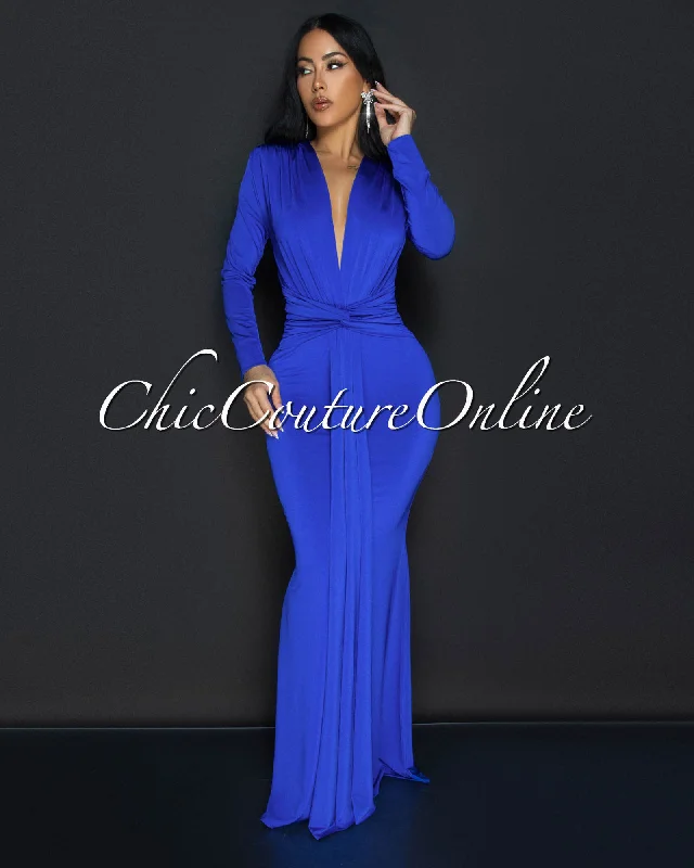 Cordelia Royal-Blue Long Sleeves Deep V-Neck Maxi Dress Comfortable Flowy Maxi Dress