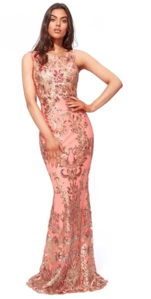 Designer gown 10719 coral sequined maxi dress. Size 6. Elegant Maxi Dress with Pockets