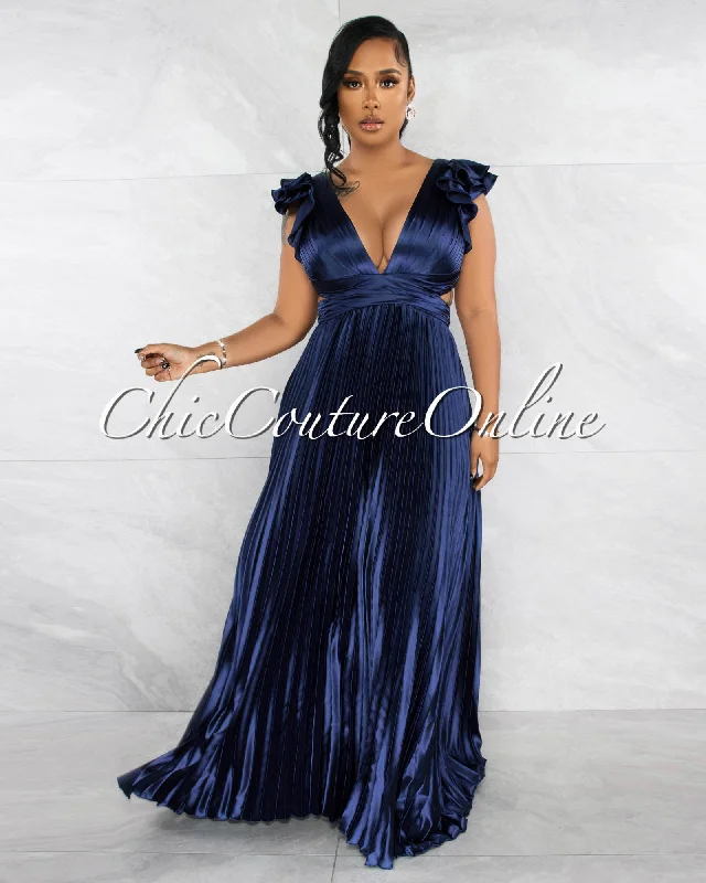 Elaine Navy Blue Ruffle Lace-Up Back Pleated Silky Maxi Dress Stylish Pleated A-Line Maxi Dress