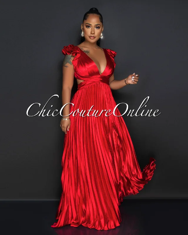 Elaine Red Ruffle Lace-Up Back Pleated Silky Maxi Dress Comfortable Bohemian Maxi Dress