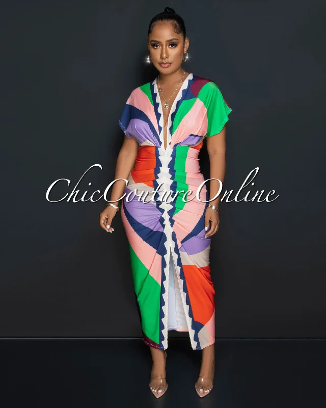 Ellender Green Multi-Color Print Deep V Neck Draped Maxi Dress Comfortable Flowy Maxi Dress