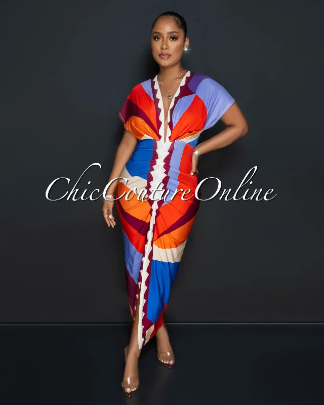 Ellender Red Multi-Color Print Deep V Neck Draped Maxi Dress Chic Summer Floral Maxi Dress