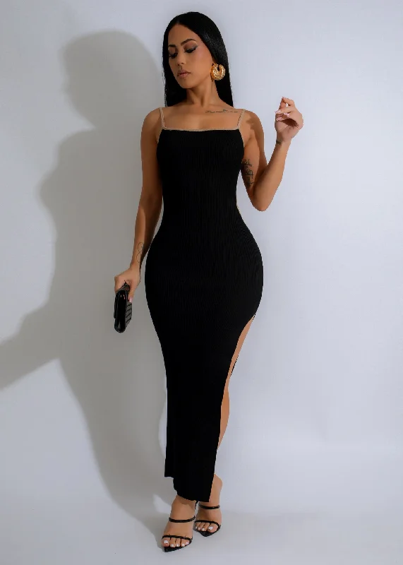 Endless Nocturnal Ribbed Maxi Dress Black Fashionable High-Low Maxi Dress