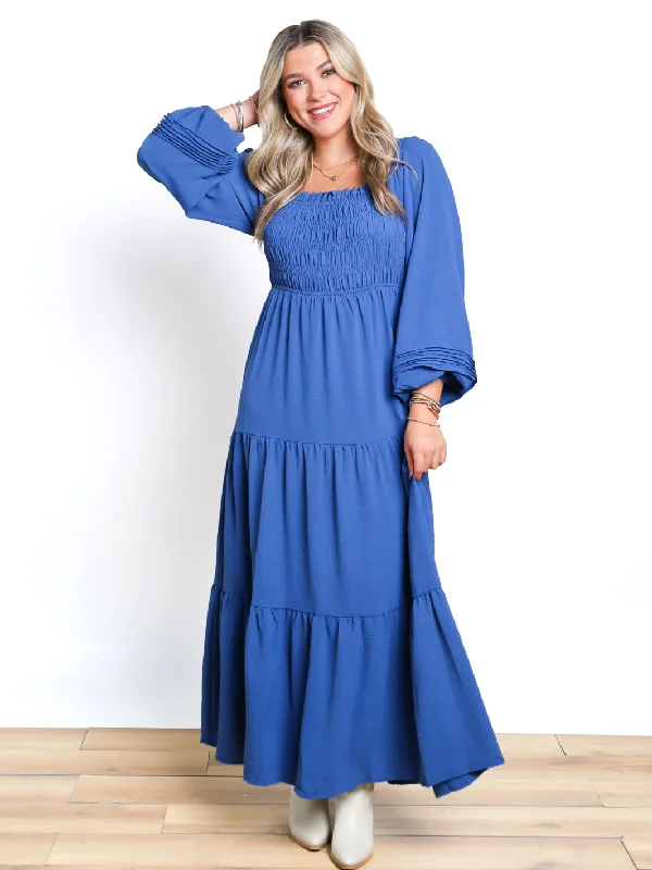 Fair And Square Long Sleeve Smocked Maxi Dress Classic V-Neck Maxi Dress