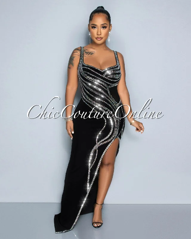 Galienne Black Mesh Rhinestones Leg Slit Maxi Dress Trendy Maxi Dress with Belt