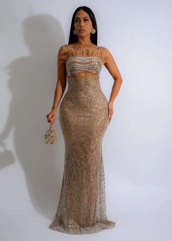 Glamour Mirage Rhinestones Maxi dress Nude Cozy Maxi Dress with Slit