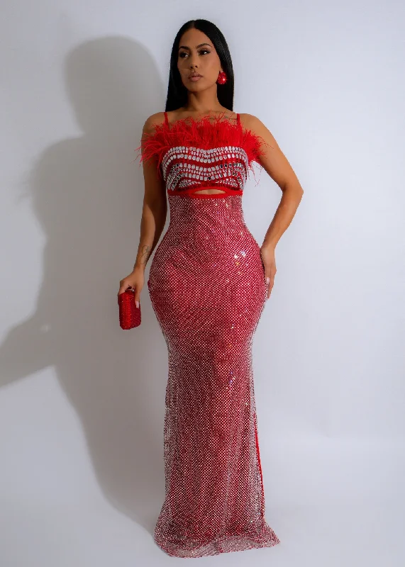 Glamour Mirage Rhinestones Maxi dress Red Comfortable Pleated Maxi Dress