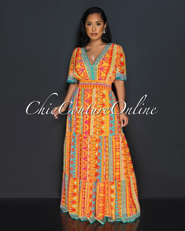 Glendie Orange Print Smoked Waistband Ruddle Hem Maxi Dress Stylish Button-Up Maxi Dress