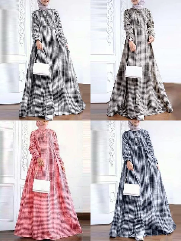 Grid Printed Casual Elastic Cuffs Big Swing Long Sleeve Muslim Abaya Kaftan Women Maxi Dress Chic Sleeveless Maxi Dress