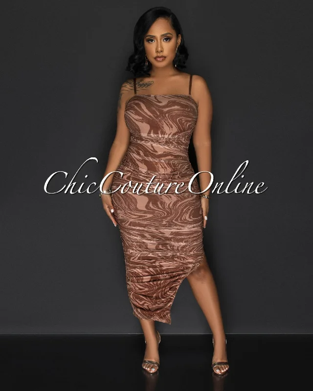 Henley Brown Print Mesh Ruched Side Slit Maxi Dress Elegant Maxi Dress with Pockets