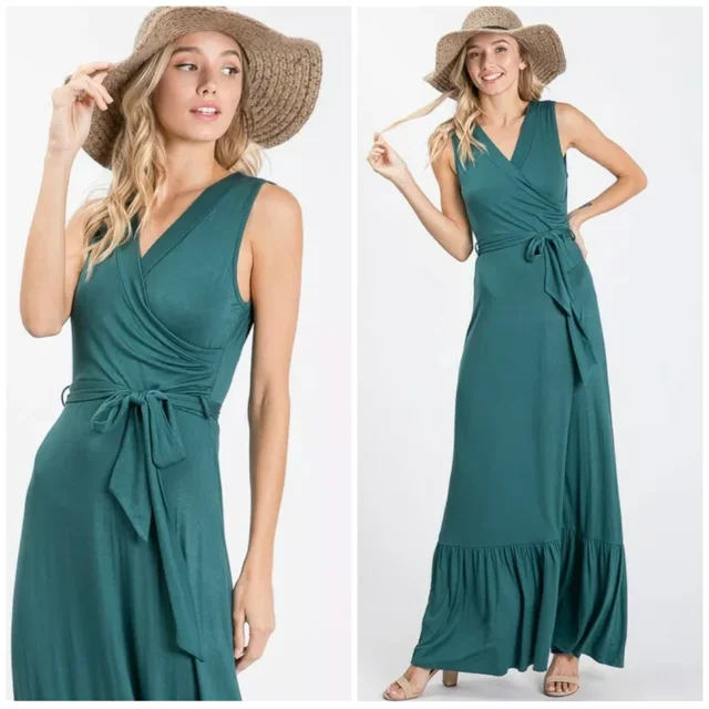 Hunter Green Faux Wrap Sleeveless Belted Casual Maxi Dress Womens Comfortable Ruffle Maxi Dress