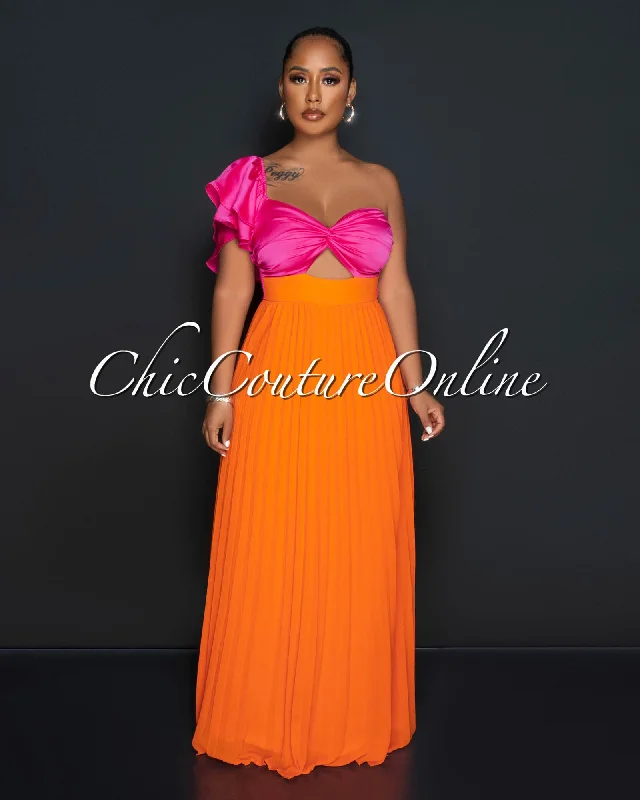 Judith Fuchsia Orange Two-Tone Key-Hole Pleated Maxi Dress Cozy Spaghetti Strap Maxi Dress