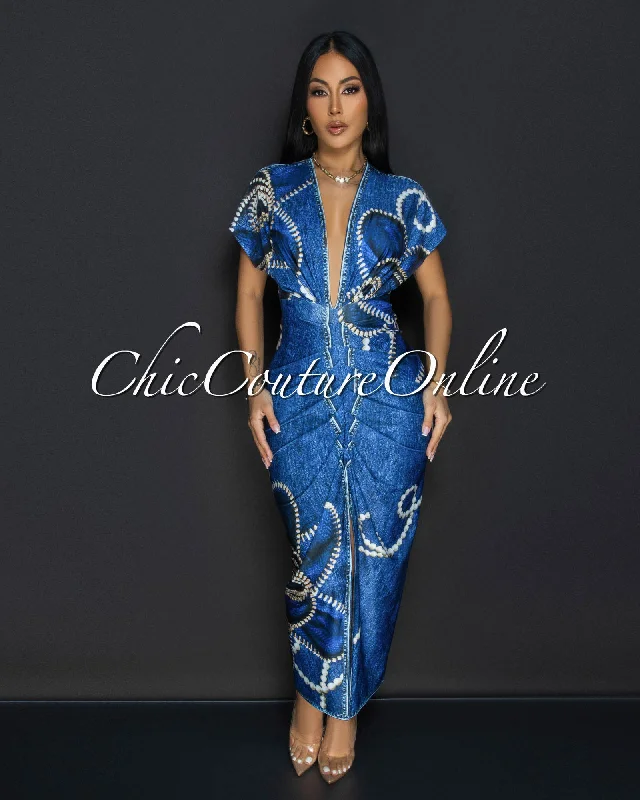 Kysha Denim Pearl Print Deep V Neck Maxi Dress Fashionable High-Waist Maxi Dress