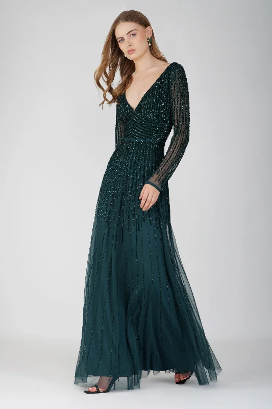 Laura Embellished Maxi Dress in Emerald Green Fashionable Maxi Dress with Fringe