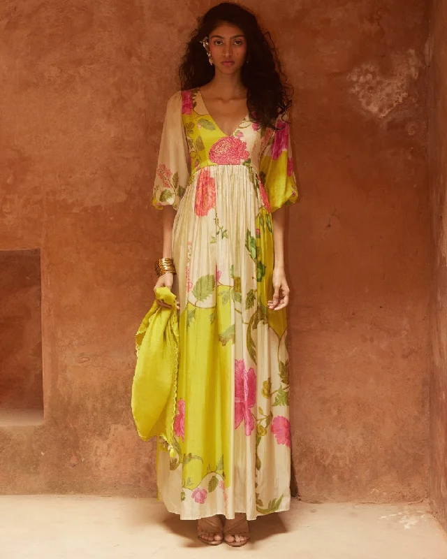 Lime Yellow Floral Flowy Maxi Dress Stylish Boho Chic Maxi Dress