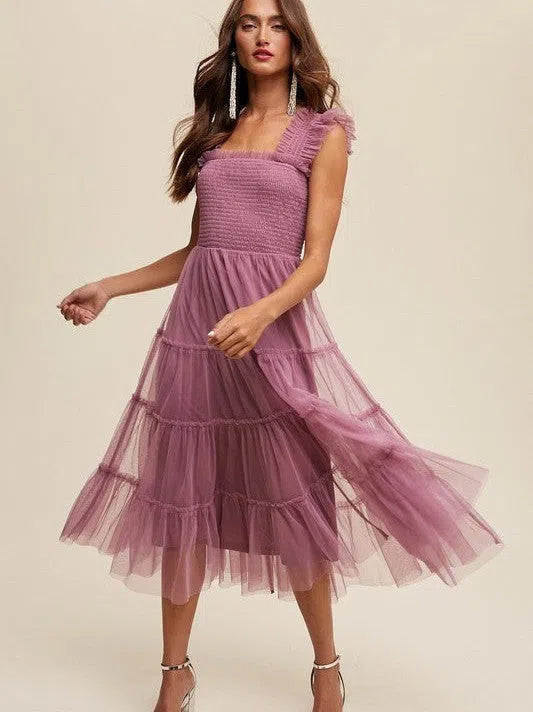 Living my Own Fairytale Smocked Mesh Ruffle Tiered Maxi Dress Comfortable Maxi Dress with Belt