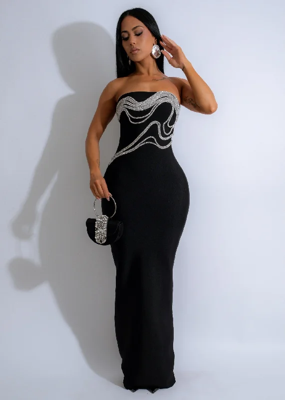 Luminous Waves Rhinestone Maxi Dress Black Stylish Longline Maxi Dress