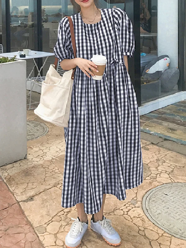 Plaid Print Puff Sleeve Irregular Spliced Shirt Casual Maxi Dress For Women Comfortable Ruffle Hem Maxi Dress