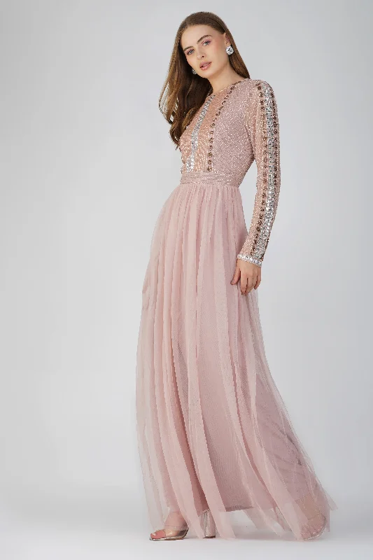 Melinda Long Sleeve Embellished Maxi Dress in Blush Pink Fashionable Off-Shoulder Maxi Dress