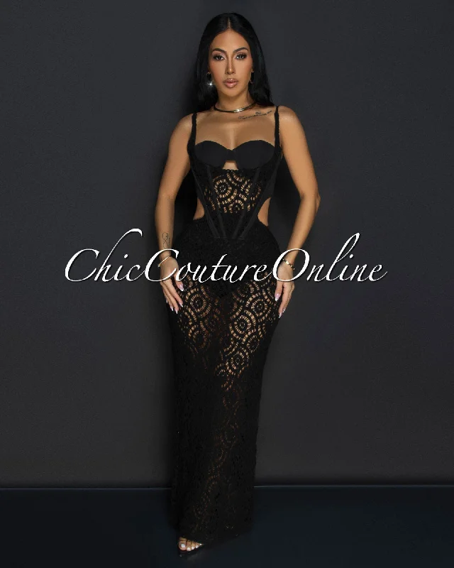 Melora Black Bustier Cut-Out Crochet Maxi Dress Cozy Open-Back Maxi Dress