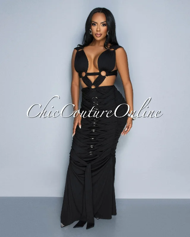 Monika Black Draped Cut-Out Maxi Dress Trendy V-Neck Maxi Dress