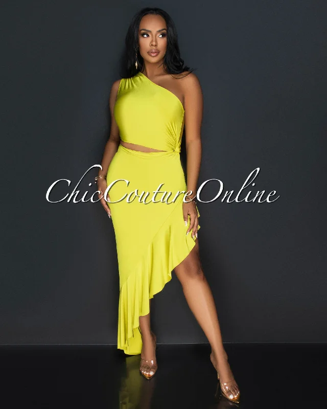 Nilia Lime Cut-Out Hi-Lo Ruffle Hem Maxi Dress Stylish Boho Maxi Dress