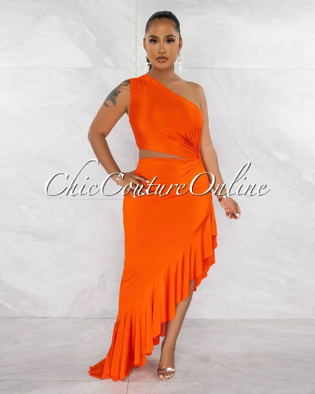 Nilia Orange Cut-Out Hi-Lo Ruffle Hem Maxi Dress Elegant Lace Maxi Dress