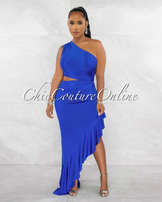 Nilia Royal Blue Cut-Out Hi-Lo Ruffle Hem Maxi Dress Comfortable Bohemian Maxi Dress