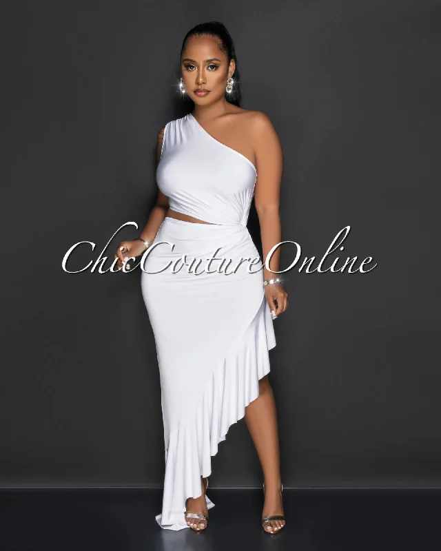 Nilia White Cut-Out Hi-Lo Ruffle Hem Maxi Dress Trendy A-Line Maxi Dress