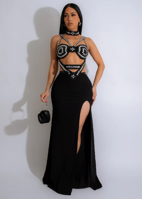 Noir Glamour Rhinestones Maxi Dress Black Fashionable Open-Back Maxi Dress