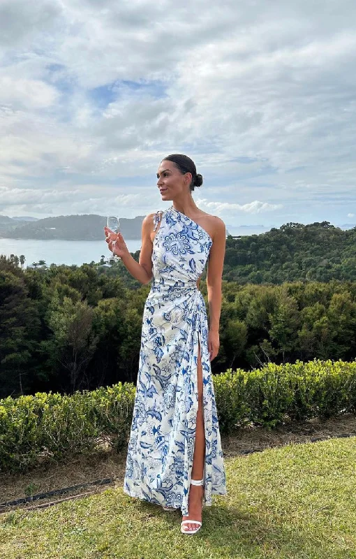 NOUR BLUE PAISLEY MAXI DRESS Stylish One-Shoulder Maxi Dress