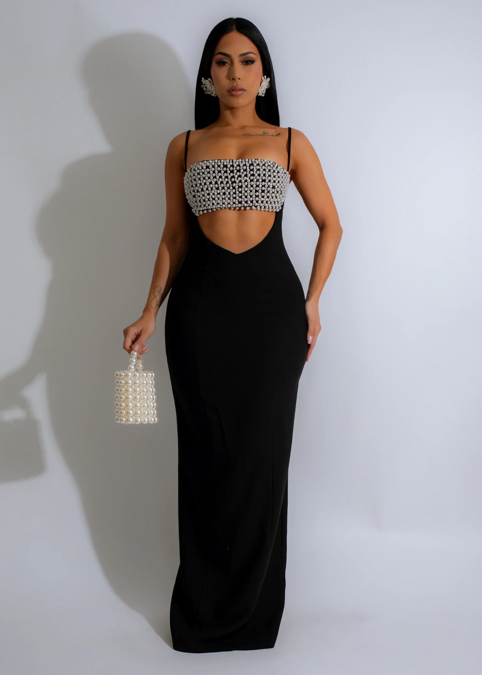 Pearl Noir Rhinestone Maxi Dress Black Chic Off-Shoulder Maxi Dress