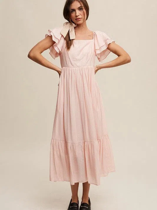 Perfect Imperfection Square Neck Ruffled Short Sleeve Maxi Dress Elegant Maxi Dress with Belt