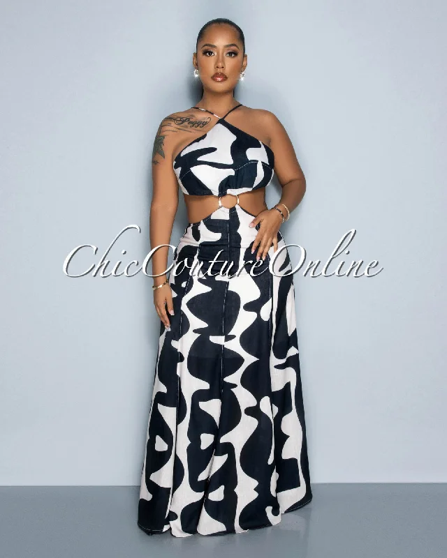 Perine Black Cream Print "O" Ring Cut-Out Maxi Dress Trendy Maxi Dress with Belt