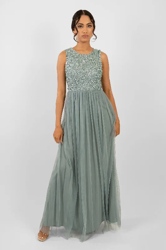 Picasso Teal Embellished Bridesmaid Maxi Dress Comfortable Long-Sleeve Maxi Dress